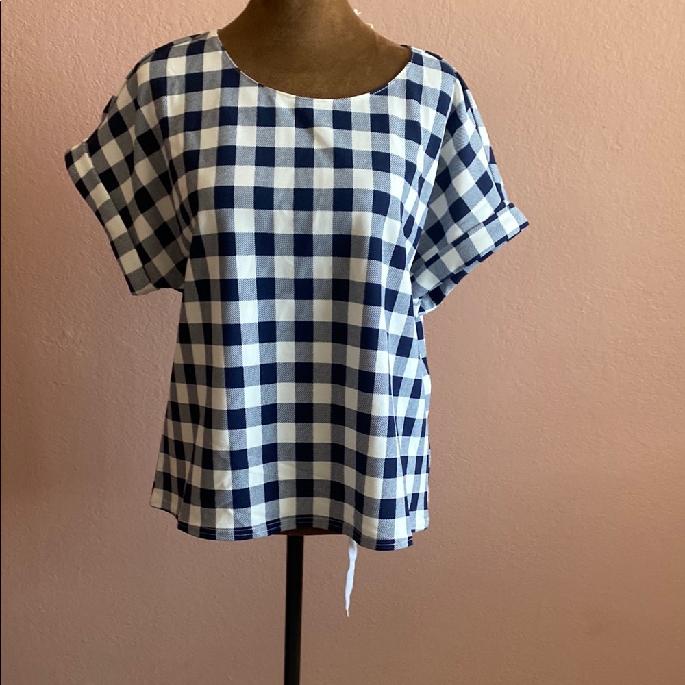 MELLODAY Blue and White Checkered Women's Top